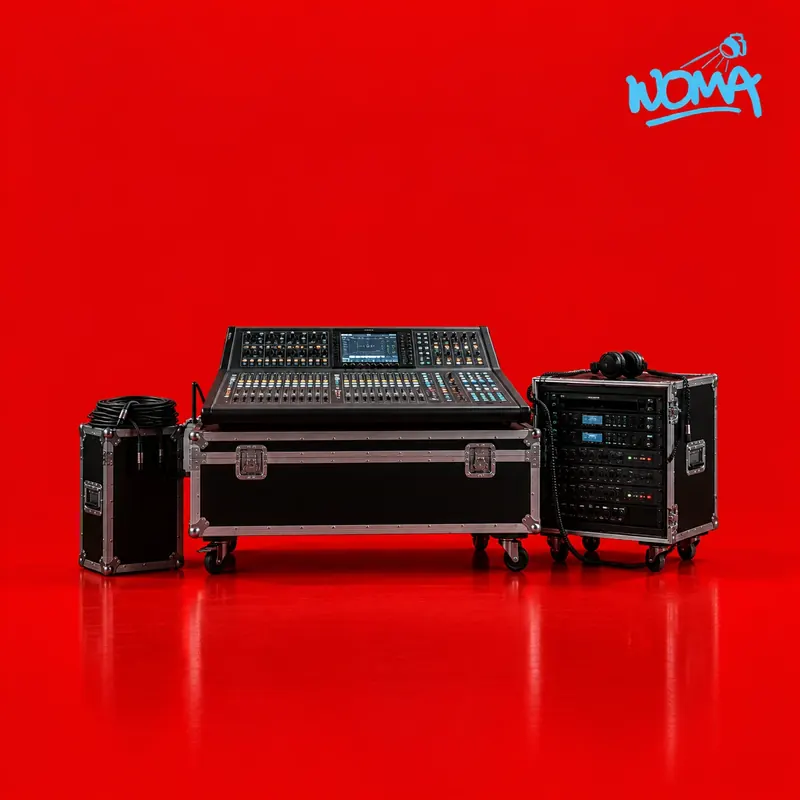 Consola de sonido digital y rack en flight cases NOMA, operada por sonidista